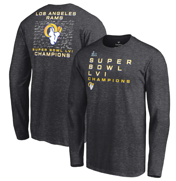 Men's Los Angeles Rams 2022 Heathered Charcoal Super Bowl LVI Champions Roster Signature Long Sleeve T-Shirt Men's Los Angeles Rams 2022 Heathered Charcoal Super Bowl LVI Champions Roster Signature Long Sleeve T-Shirt
